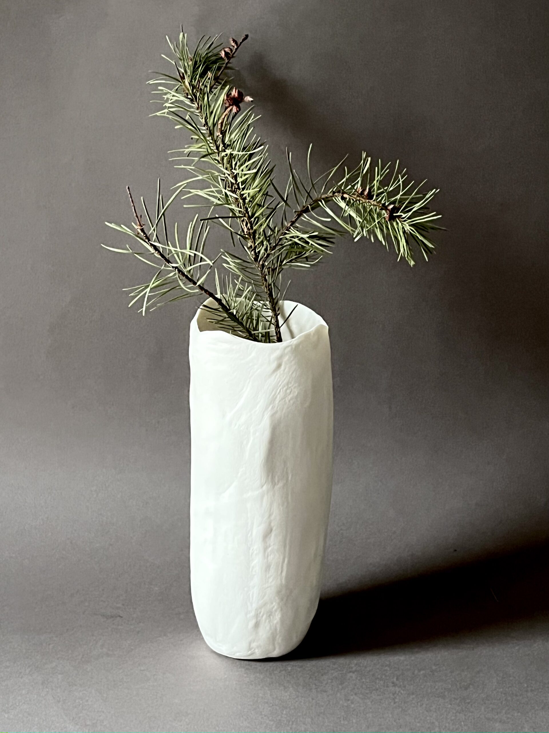 Photophore Éclosion cylindrique en porcelaine papier utilisé en vase avec une branche de pin