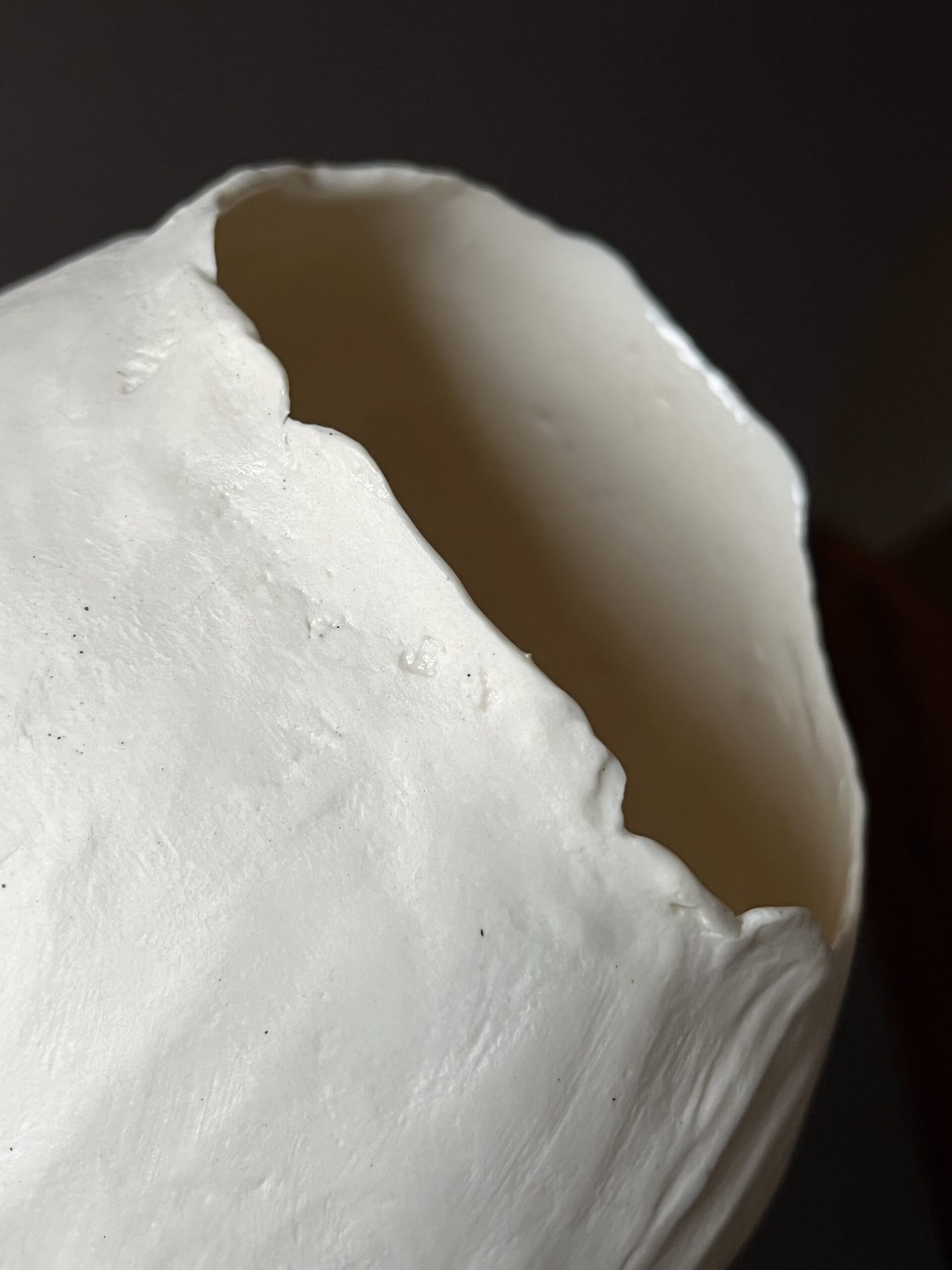Gros plan sur la texture froissée et l'ouverture d'un photophore Éclosion en porcelaine papier