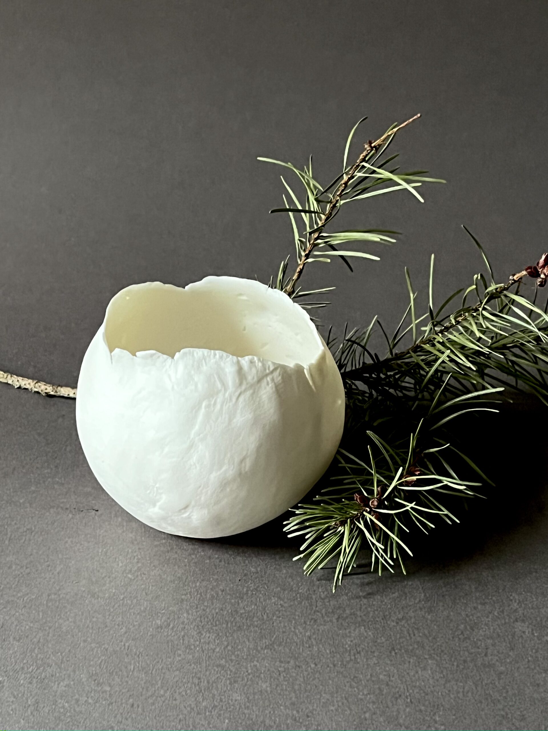 Petit photophore Éclosion rond en porcelaine papier blanche, branche de pin en arrière-plan