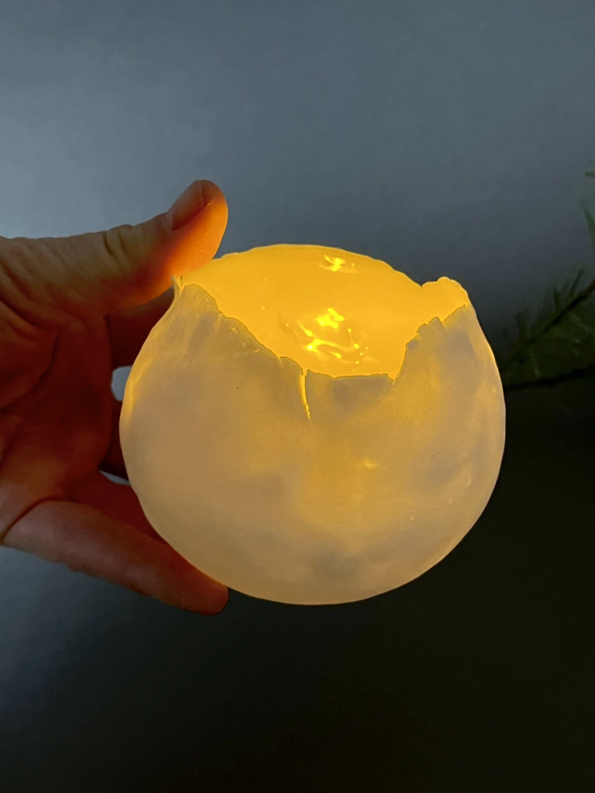 Photophore Éclosion allumé tenu en main, porcelaine papier translucide éclairée de l'intérieur